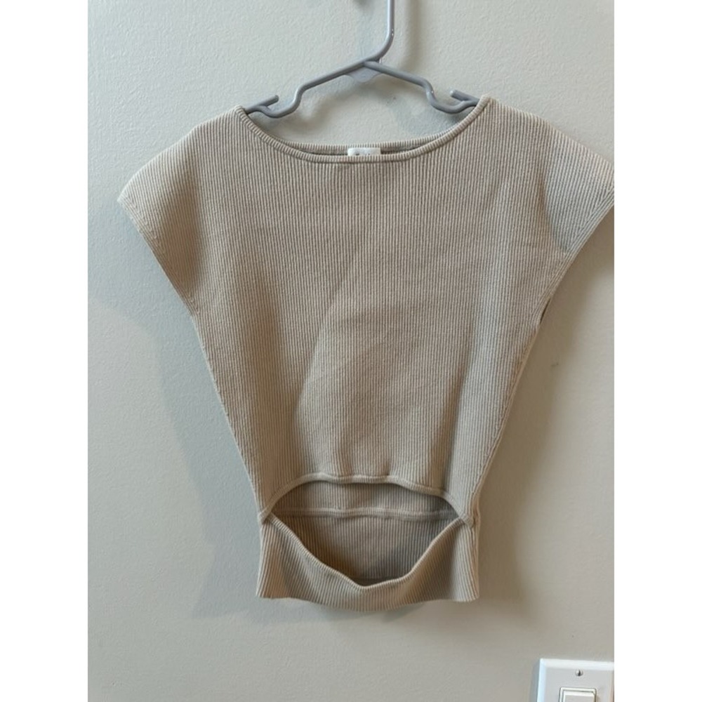 Wilfred Free Aritzia Ribbed Cutout Front Knit Top Beige XS